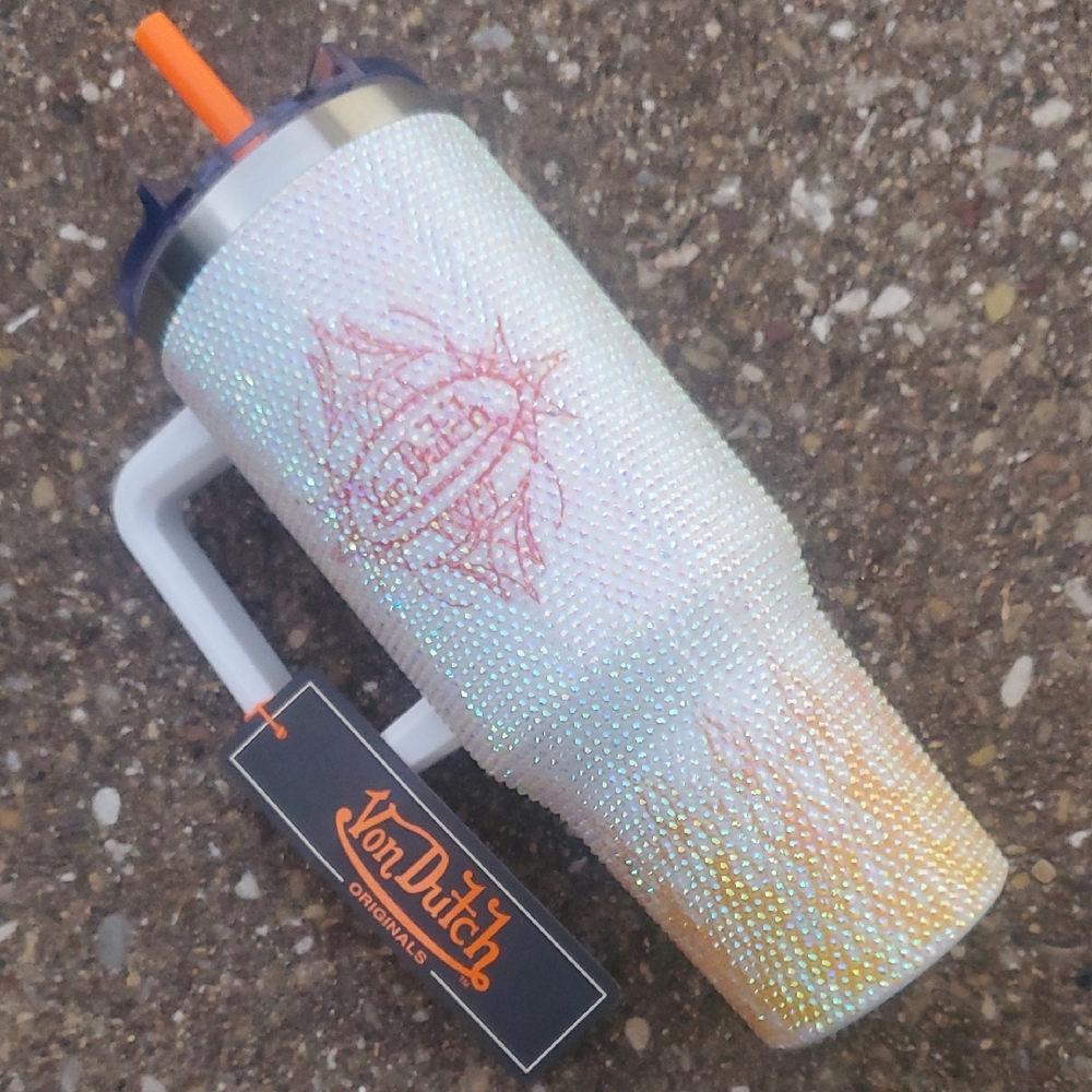 Von Dutch White Bling Cup Sparkling Rhinestone Metal Tumbler Orange Flames 40oz